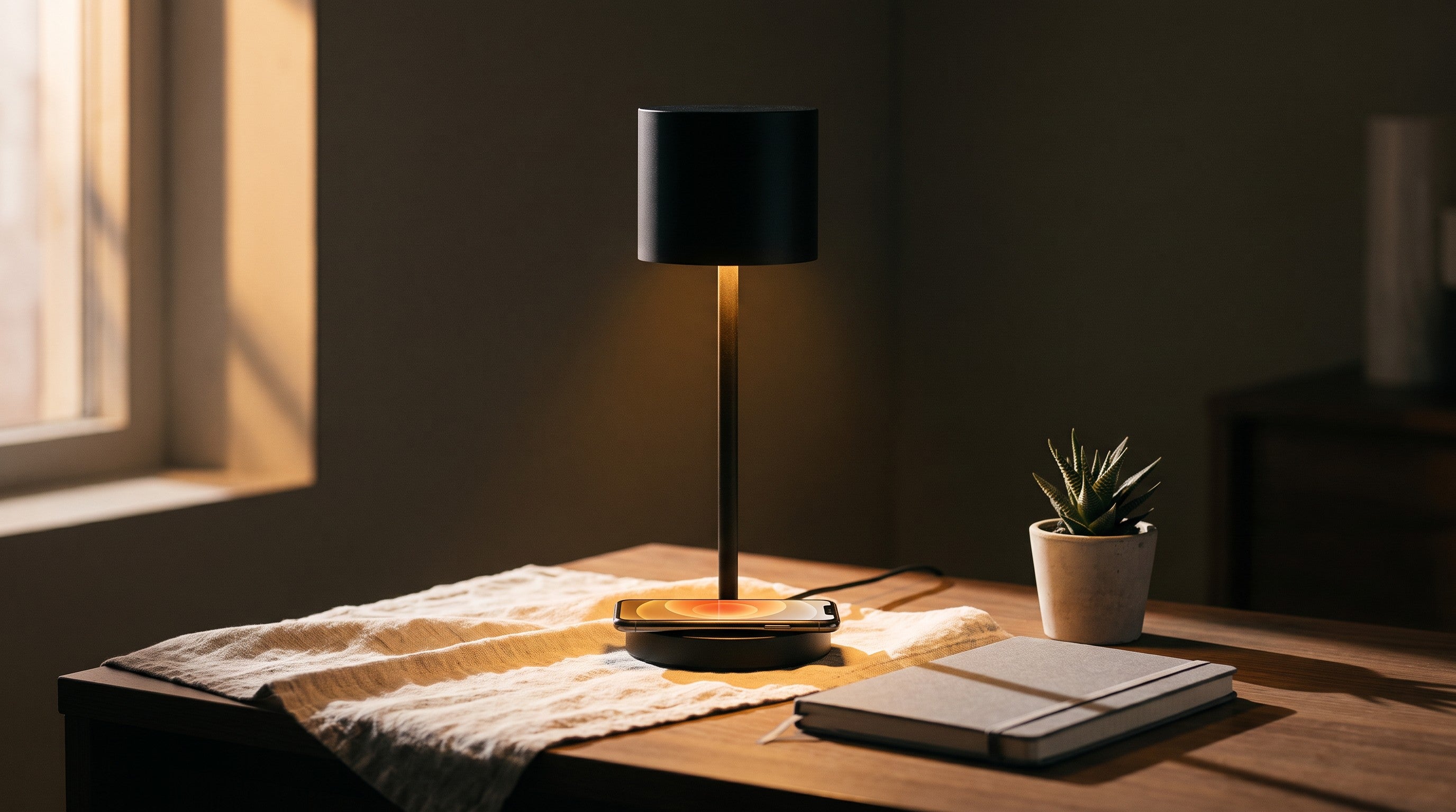 Phone resting on the Komorebi lamp’s wireless charging base